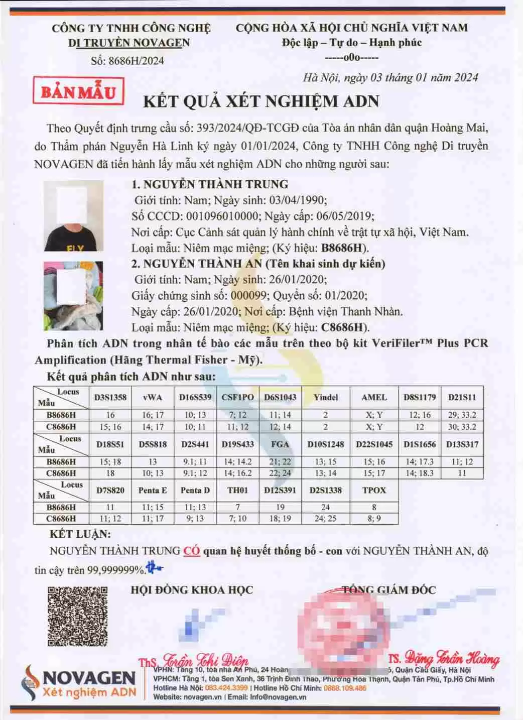 Bản mẫu kết quả xét nghiệm ADN theo yêu cầu Tòa án tại NOVAGEN
