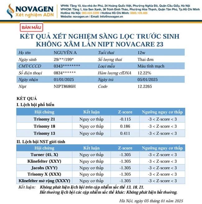 hình ảnh bản kết quả xét nghiệm NIPT