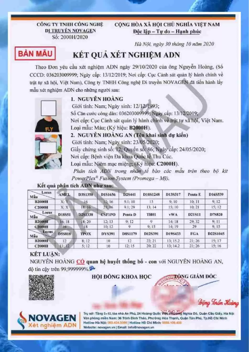 Mẫu giấy xét nghiệm ADN pháp lý tại NOVAGEN Mẫu giấy xét nghiệm ADN pháp lý tại NOVAGEN