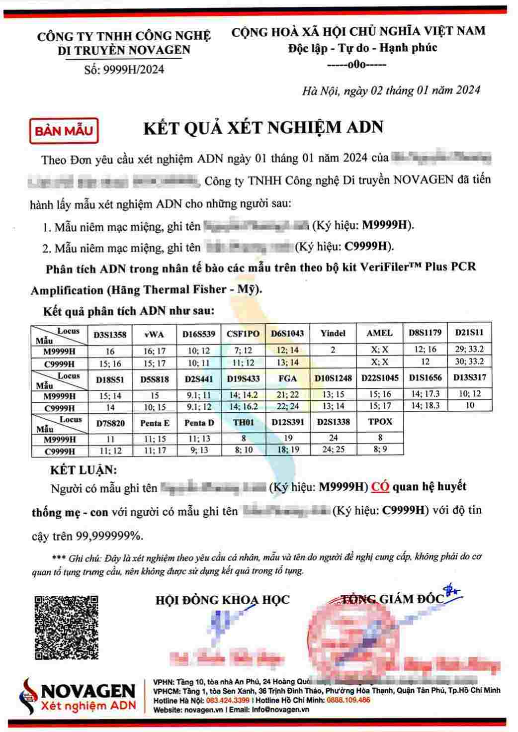 Bản mẫu kết quả xét nghiệm ADN Mẹ - Con tại NOVAGEN