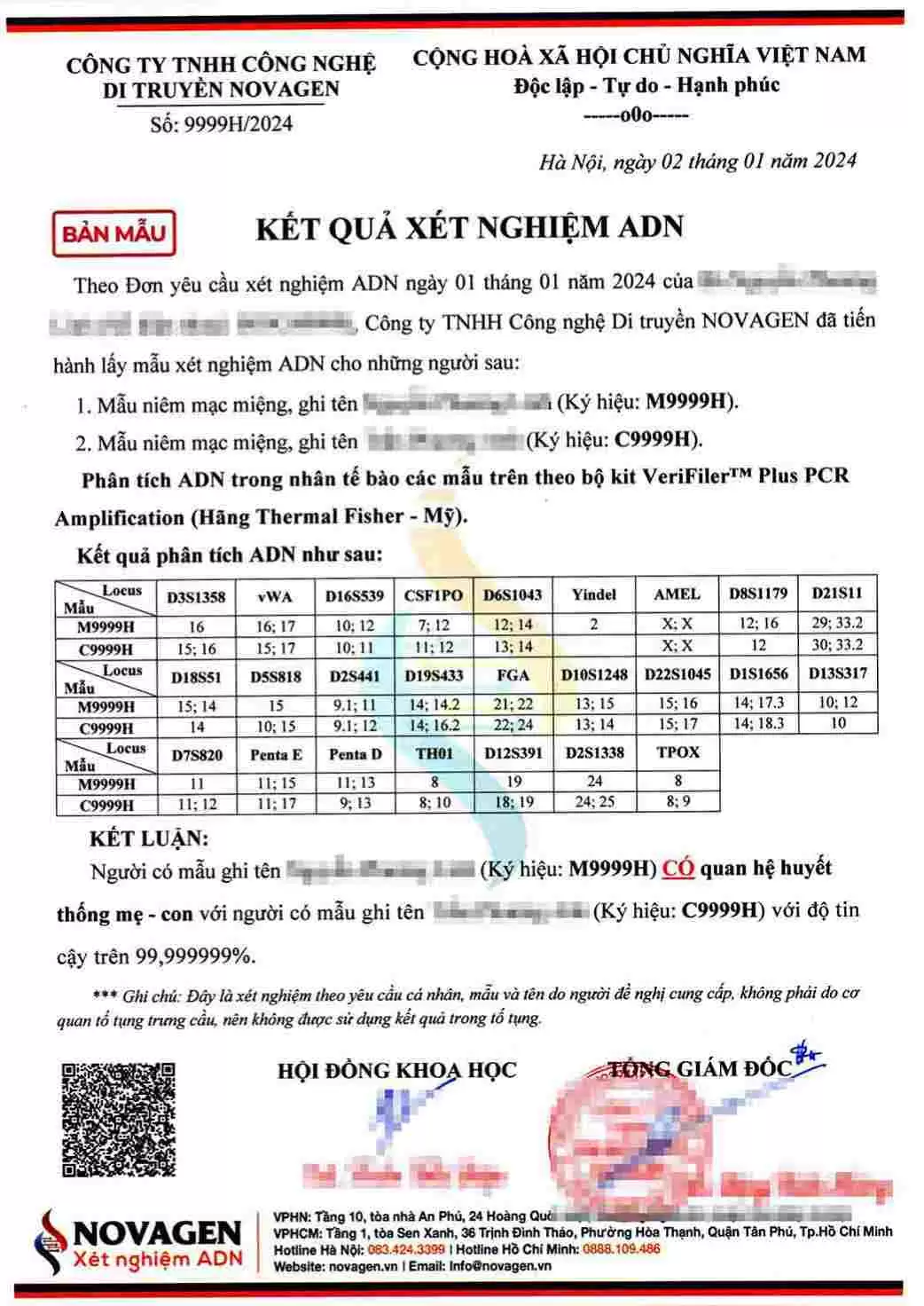 Bản mẫu kết quả xét nghiệm ADN Mẹ Con tại NOVAGEN