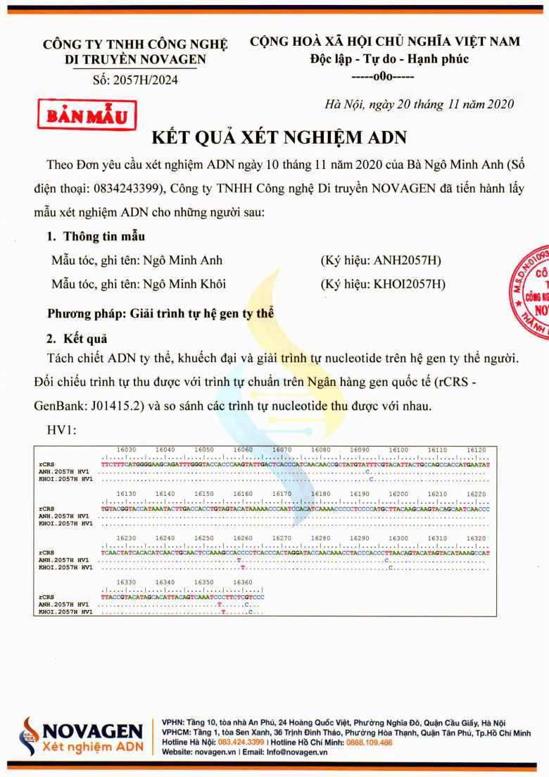 Bản mẫu kết quả xét nghiệm ADN ty thể tại NOVAGEN