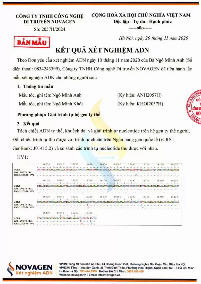 Bản mẫu kết quả xét nghiệm ADN ty thể tại NOVAGEN Bản mẫu kết quả xét nghiệm ADN ty thể tại NOVAGEN