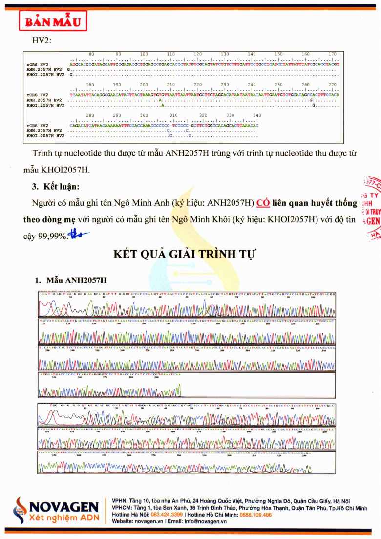 Bản mẫu kết quả xét nghiệm ADN ty thể tại NOVAGEN