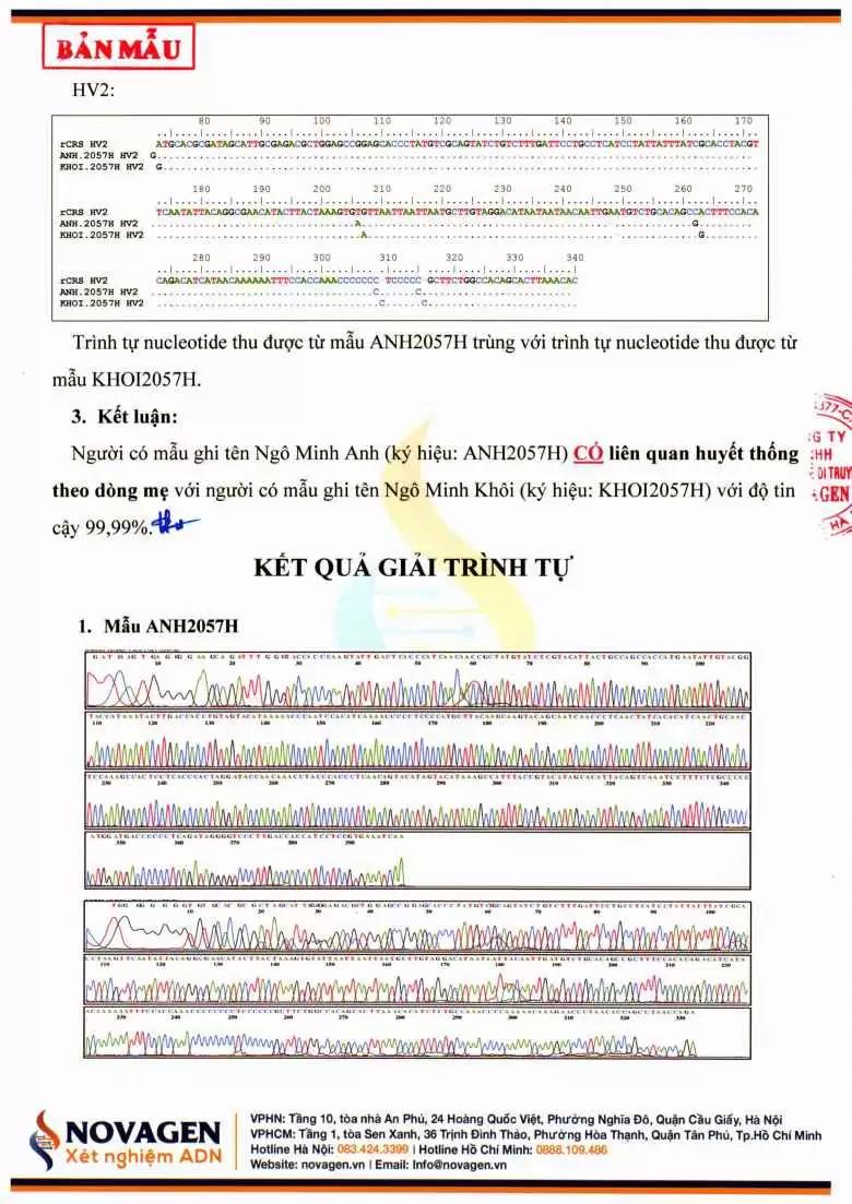 Bản mẫu kết quả xét nghiệm ADN ty thể tại NOVAGEN Bản mẫu kết quả xét nghiệm ADN ty thể tại NOVAGEN