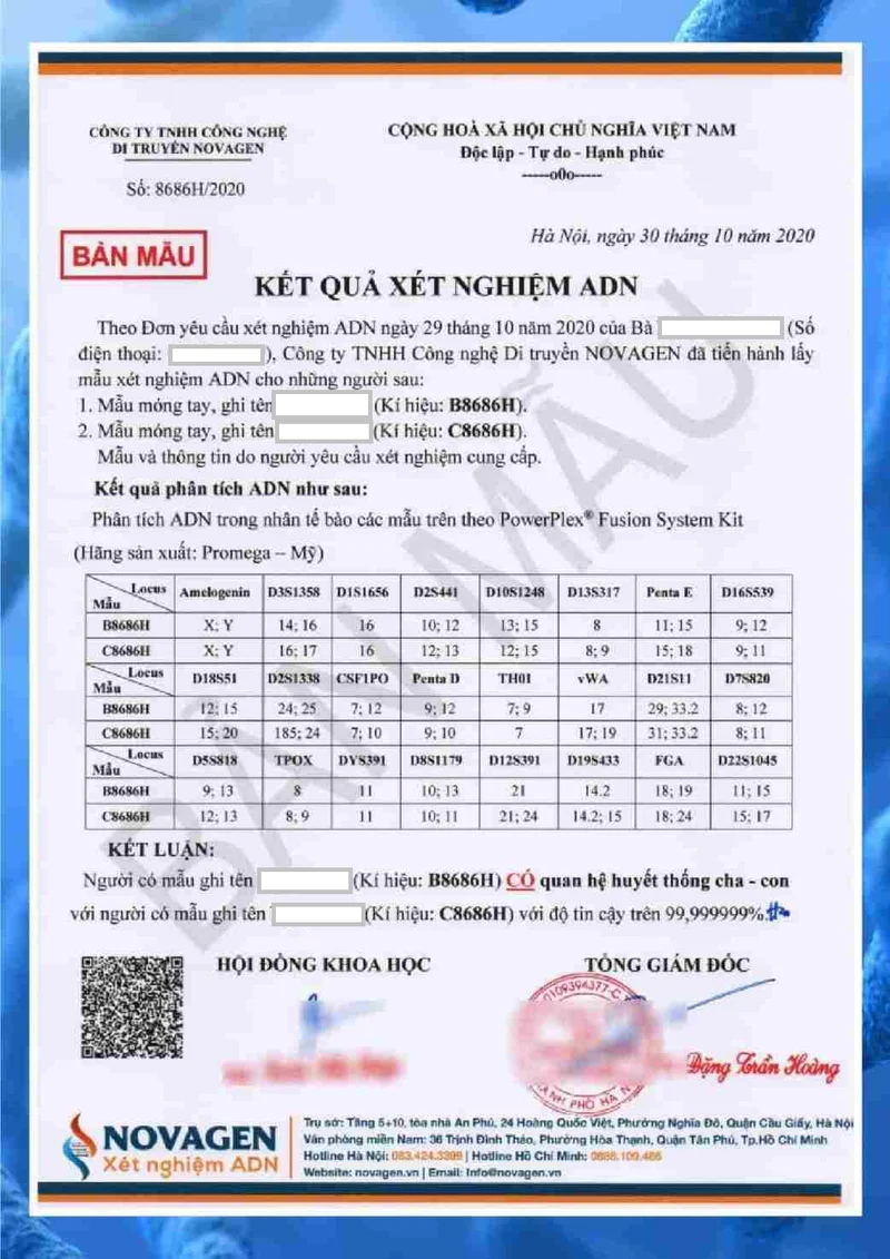 Bảng xét nghiệm ADN cha con dân sự tại NOVAGEN