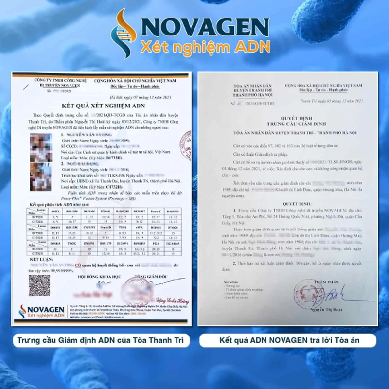 Bảng kết quả xét nghiệm ADN cha con Pháp lý tại NOVAGEN